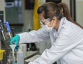 Woman scientist rinsing chemicals into test glass