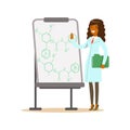 Woman scientist stands next to whiteboard with formula