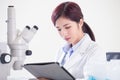 Woman scientist use microscope Royalty Free Stock Photo