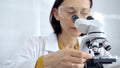 Woman scientist using microscope in laboratory. Microbiology science concept Royalty Free Stock Photo