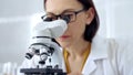 Woman scientist using microscope in laboratory. Microbiology science concept Royalty Free Stock Photo