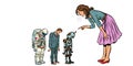 The woman scolds businessman, spaceman and robot