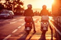 Couple on scooter. Couple riding motor scooter on road Royalty Free Stock Photo