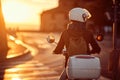 Woman on scooter. girl riding motor scooter on road Royalty Free Stock Photo