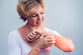 Woman Scratching an itch on white background . Sensitive Skin, F Royalty Free Stock Photo