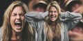 Woman, scream and anxiety with stress, anger and pain on face. Girl, angry and burnout with depression, fear and Royalty Free Stock Photo