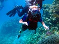 Woman scuba diver and beautiful colorful coral reef underwater Royalty Free Stock Photo