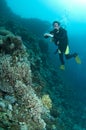 Woman scuba diver on coral reef