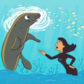 Woman scuba diver talking to a sea lion underwater. Cartoon cute Royalty Free Stock Photo