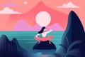 woman sea back relaxation person meditating ocean meditation yoga exercise lotus. Generative AI.