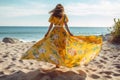 woman sea person beautiful fashion beach lifestyle summer slim hippie dress. Generative AI. Royalty Free Stock Photo
