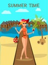 Woman at Sea Resort Flat Vector Color Illustration Royalty Free Stock Photo