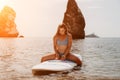 Woman sea sup. Close up portrait of happy young caucasian woman with long hair looking at camera and smiling. Cute woman Royalty Free Stock Photo