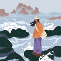 Woman at sea in windy cold weather. Sad person thinking, standing on rock, stone, looking at waves. Melancholy mood