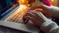 Female Hacker Woman Typing on a Laptop Notebook Keyboard Accessing The Dark Web Internet Network (Computer Coding) Royalty Free Stock Photo