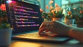 Female Hacker Woman Typing on a Laptop Notebook Keyboard Accessing The Dark Web Internet Network (Computer Coding) Royalty Free Stock Photo