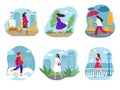 Woman seasonal graphic. Female walking with umbrella outdoor season human rainy and snowy day falling leaves recent