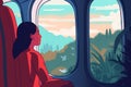 plane woman cabin seat journey character passenger trip flight window transportation. Generative AI.