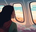 seat woman trip character journey flight transportation passenger window plane business. Generative AI.