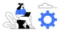 Woman Working on Laptop Nearby Cloud and Large Gear Representing Productivity and Innovation Royalty Free Stock Photo
