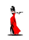 Woman secret agent. Posing on camera. Sexual woman in red dress.