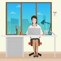 Woman Secretary office manager in office interior. Businesswoman person working on laptop. Royalty Free Stock Photo