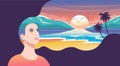 Woman seeing the summer landscape in her hair. Evening beach at sunset with waves the sun and palm trees. Vector illustration