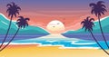 Woman seeing the summer landscape in her hair. Evening beach at sunset with waves the sun and palm trees. Vector illustration