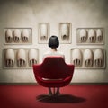 Woman seen from behind sitting in a red chair in an art gallery and looking at sculptures. AI Generated