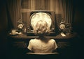 Woman seen from behind of a tv screen. Retro interior.