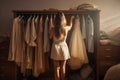 Woman selecting cloth from her wardrobe\'s rack, back facing camera. Concept of nothing to wear and getting dressed