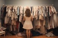 Woman selecting cloth from her wardrobe\'s rack, back facing camera. Concept of nothing to wear and getting dressed