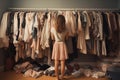 Woman selecting cloth from her wardrobe\'s rack, back facing camera. Concept of nothing to wear and getting dressed