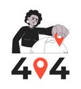 Woman selecting place on globe black white error 404 flash message.