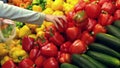 Woman selecting red and yellow peppers in grocery store