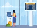 Woman self check in at automatic machine in airport terminal. Buying ticket using interactive terminal. Airport interior with