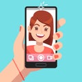 Woman selfie. Beautiful girl taking self photo face portrait on smartphone. Phone camera addiction cartoon vector Royalty Free Stock Photo