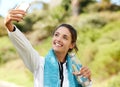 Woman, selfie and bottle with water to drink, health or hydration for sports, training or workout. Outdoor, female Royalty Free Stock Photo