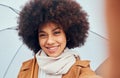 Woman, selfie closeup and umbrella in rain, water or drizzle in portrait, happiness and smile. Black woman, hair or afro