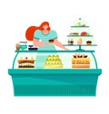 Woman sell food cake, female confectioner at showcase isolated on white, vector illustration. Sweet confectionary Royalty Free Stock Photo