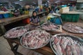 A woman sell squid at Pasar Siti Khadijah.