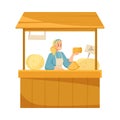 Woman Seller at Farmer Market Selling Fresh Local Cheese at Stall Vector Illustration