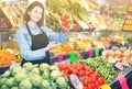 Woman seller helping customer to buy vegetables Royalty Free Stock Photo