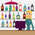 Woman seller in shop of elite alcohol. Vector flat cartoon