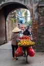 Woman is selling fruits from bicycle on the street.