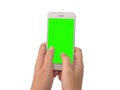 Woman send text on mobile phone with green screen isolated