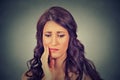 Woman with sensitive toothache crown problem about to cry from pain Royalty Free Stock Photo