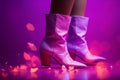 Woman with sensual skinny legs wearing shimmering pink boots - generative AI