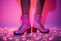 Woman with sensual skinny legs wearing shimmering pink boots - generative AI