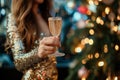 woman in a sequin dress holding a sparkling bellini at a new years celebration